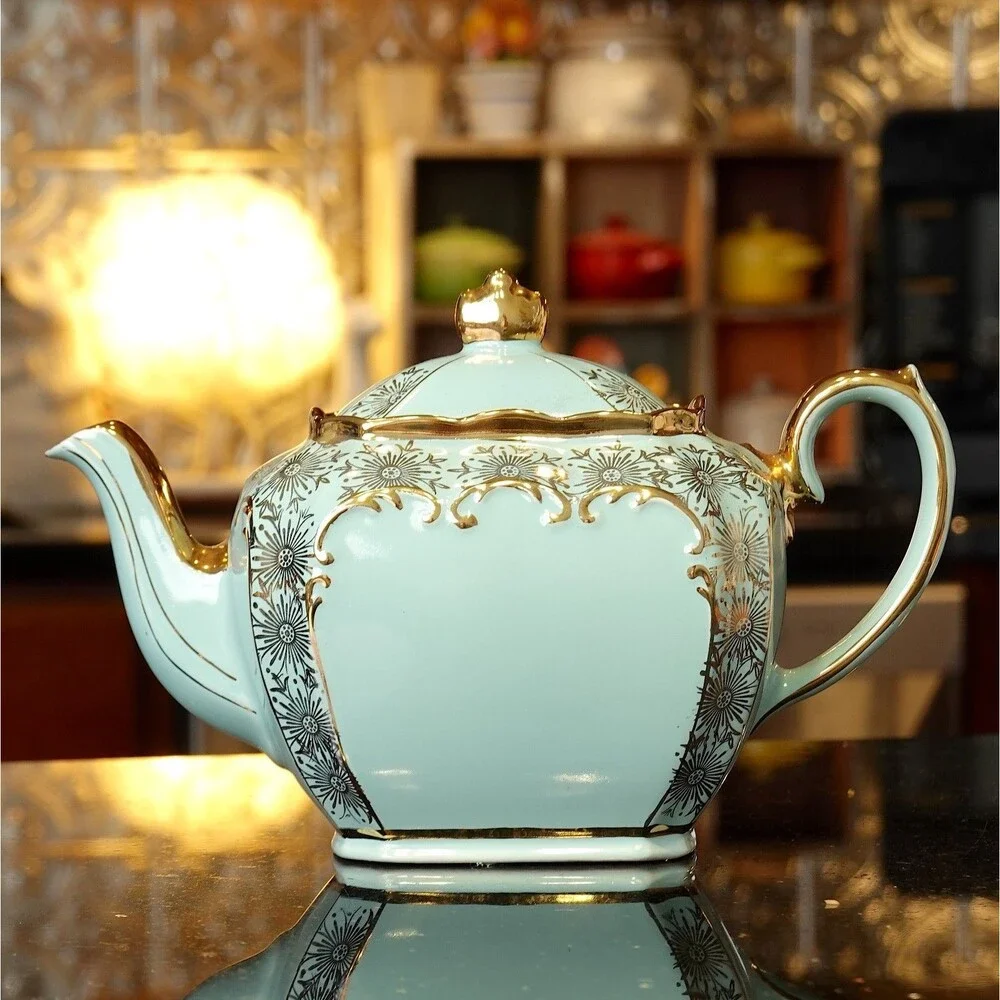 Rare SADLER Cube Teapot GREEN Gold Gilt Filigree Made in England #2085